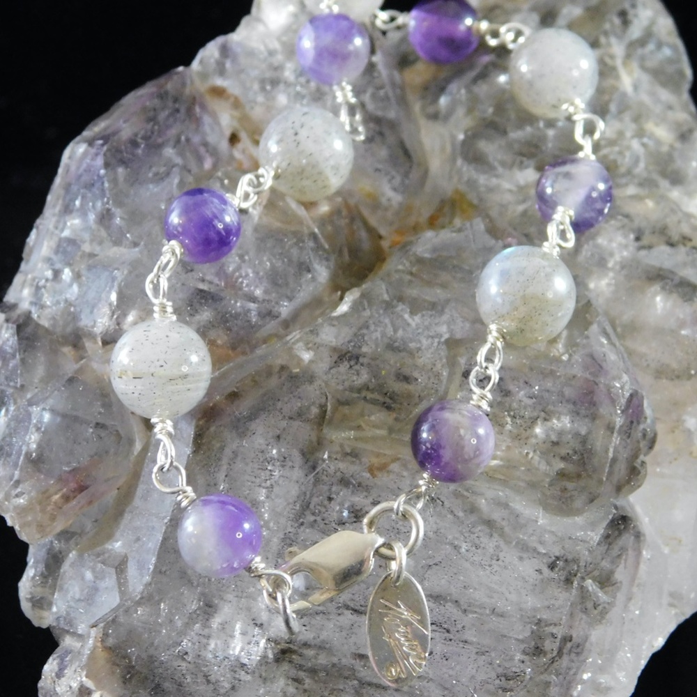 Lustrous Labradorite and Amethyst Beaded Sterling Silver Bracelet - by Konnie K